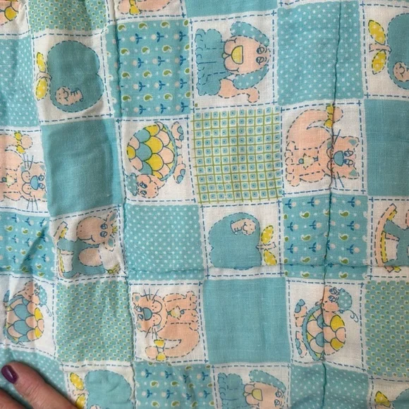 Vintage Turtles Cats Apples Dogs Baby Blanket Blue Pink White embroidered bunny